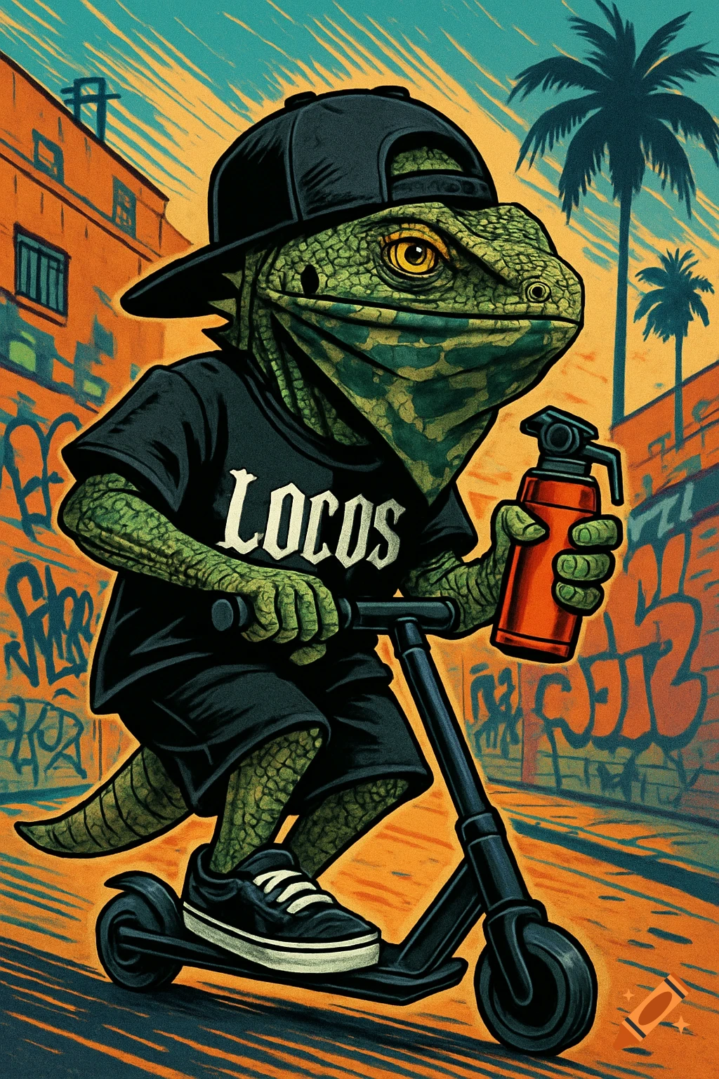 A green lizard in a black backward cap, camouflage face mask, and black "LOCOS" shirt, rides a black scooter while holding an orange spray can in a graffiti-covered city.