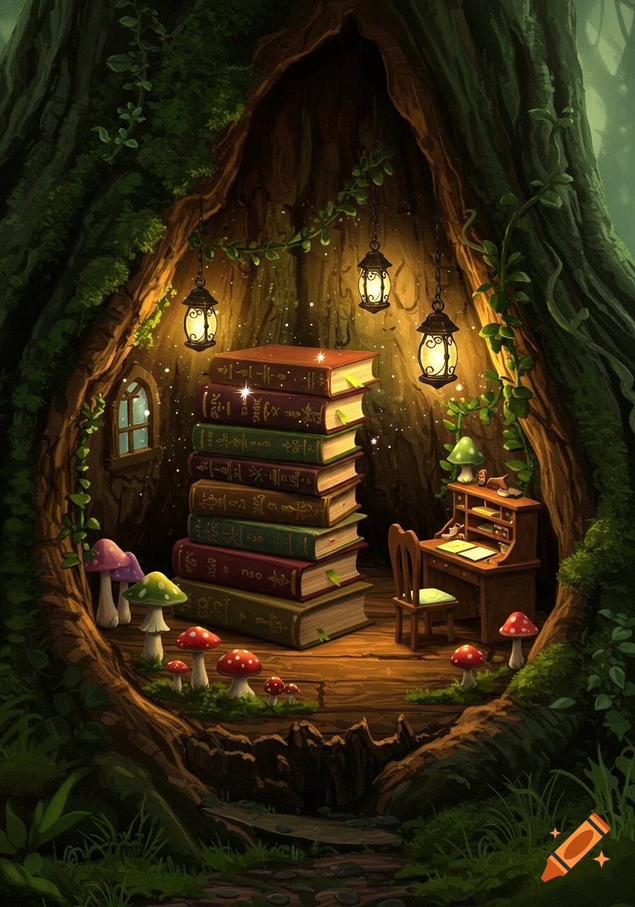 A cozy, magical room inside a large tree trunk, featuring a tall stack of books, a wooden desk, hanging lanterns, and colorful mushrooms.