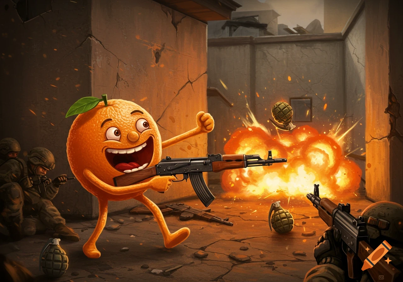 A cartoon orange character with a happy expression runs through a war-torn city, firing an assault rifle while explosions and other soldiers are in the background.