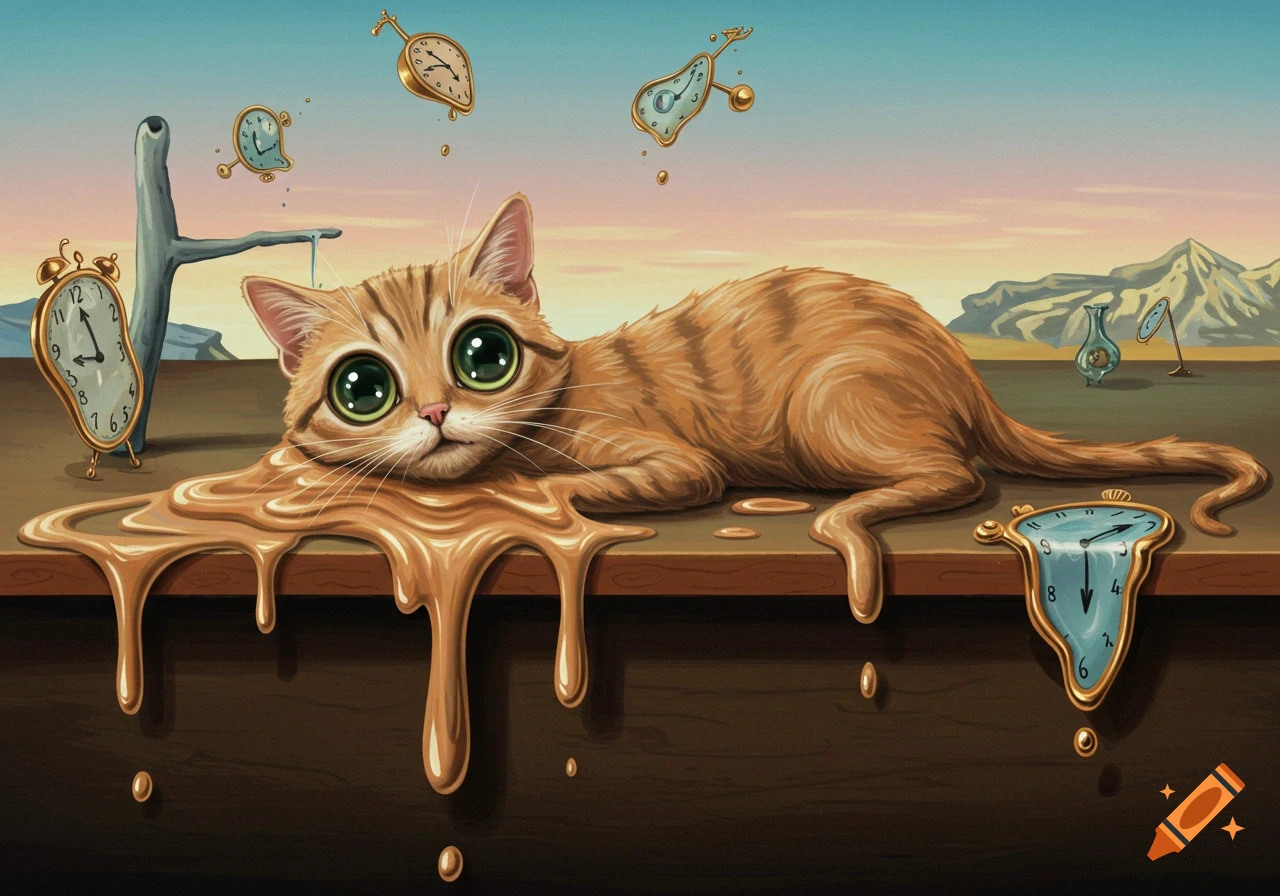 A cute melting ginger cat with large green eyes lies on a wooden surface, surrounded by distorted clocks and a surreal desert landscape in the style of Salvador Dali.