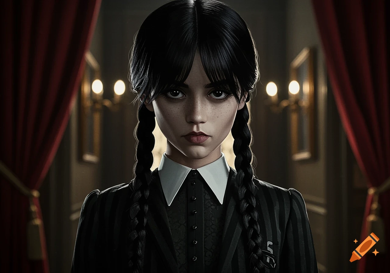 Realistic portrait of Wednesday Addams with braided dark hair, wearing a striped uniform, against a dark, ornate background.