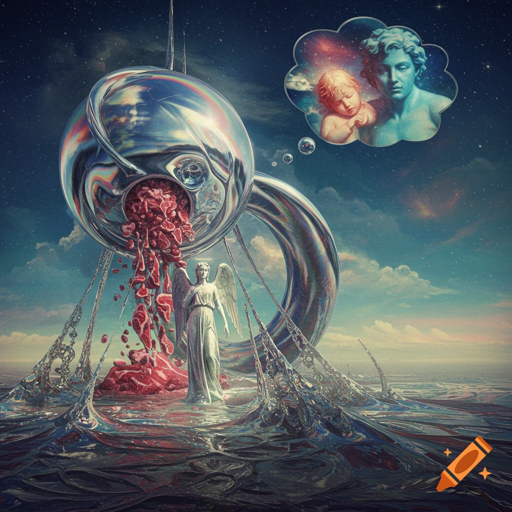 A surreal scene with a chrome sphere pouring red meat-like substance onto an angel in a cosmic landscape, with a thought bubble of a baby and a classical statue.