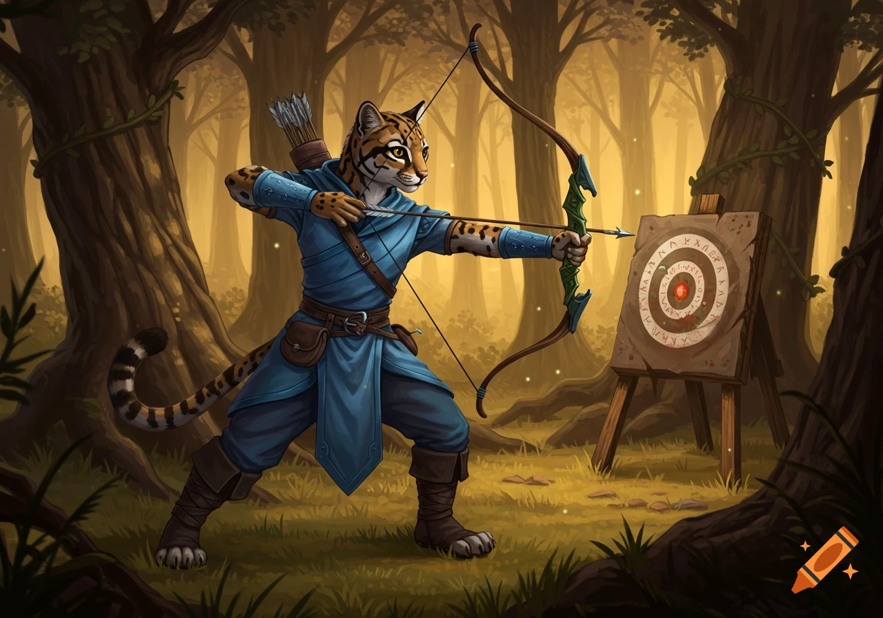An anthropomorphic ocelot ranger in blue clothing aims a bow and arrow at a practice target in a stylized, mystical forest.
