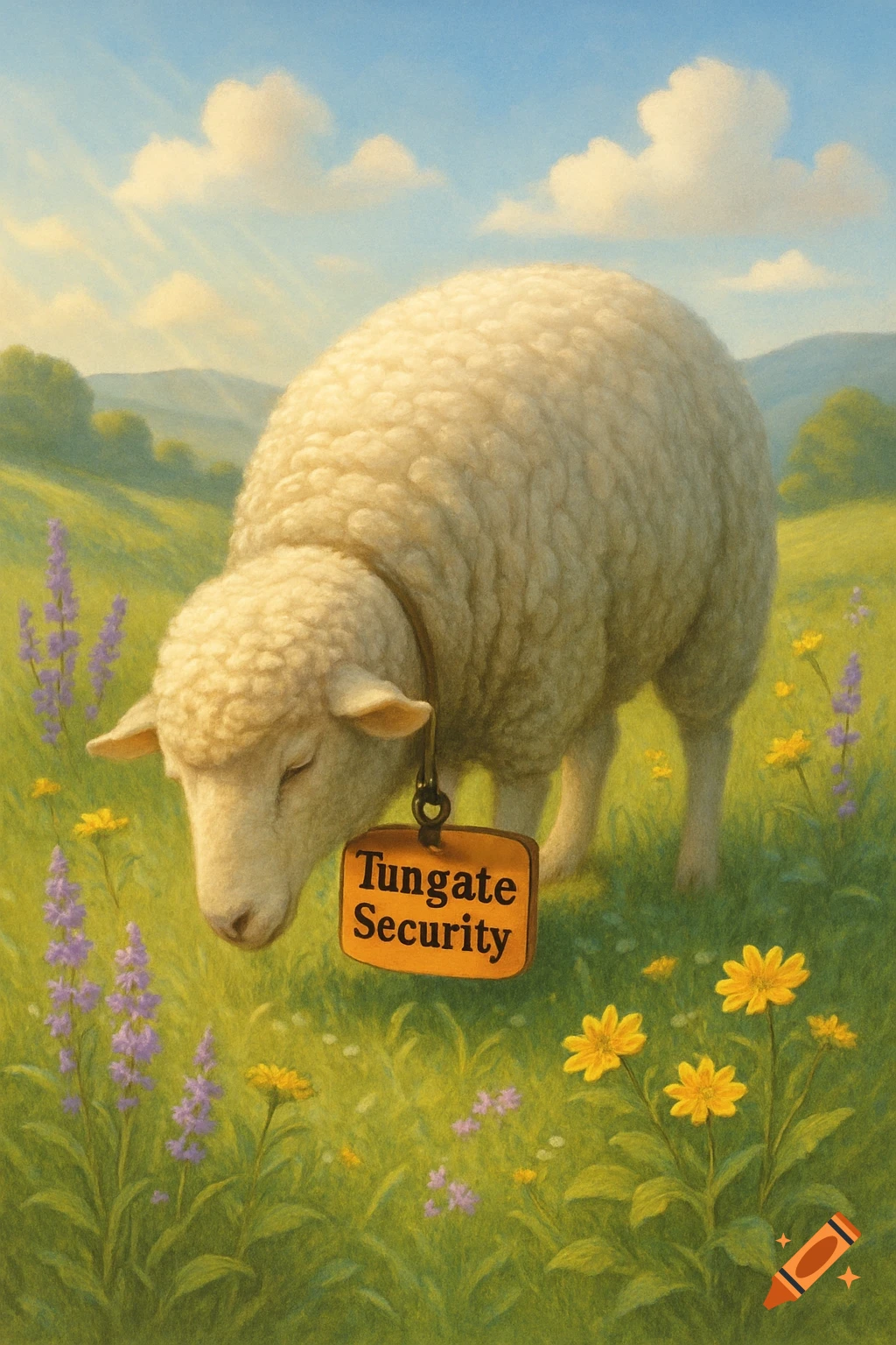 A sheep with a "Tungate Security" tag around its neck stands in a sunny green field with purple and yellow flowers under a blue sky.