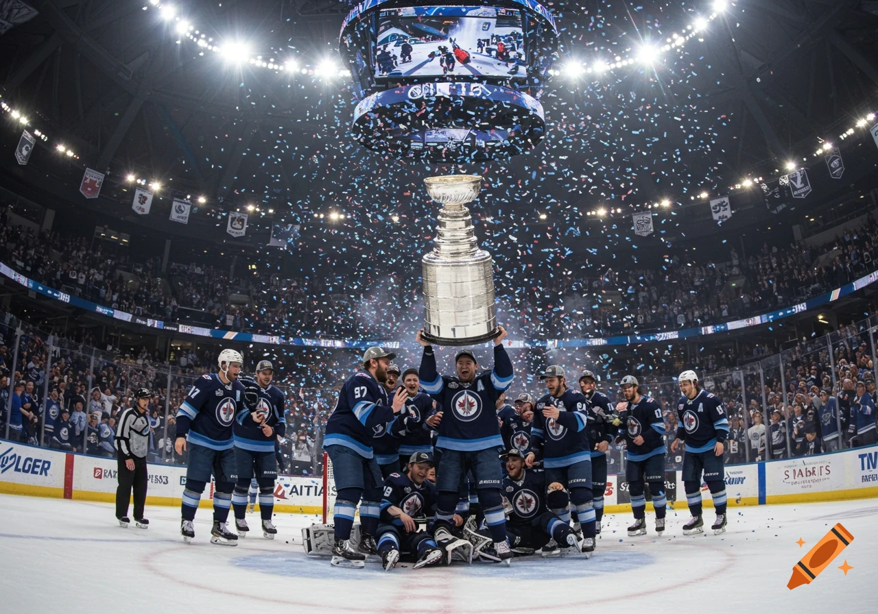 A hockey team in blue jerseys celebrates on the ice under a shower of confetti, with one player holding the Stanley Cup aloft in a packed arena.