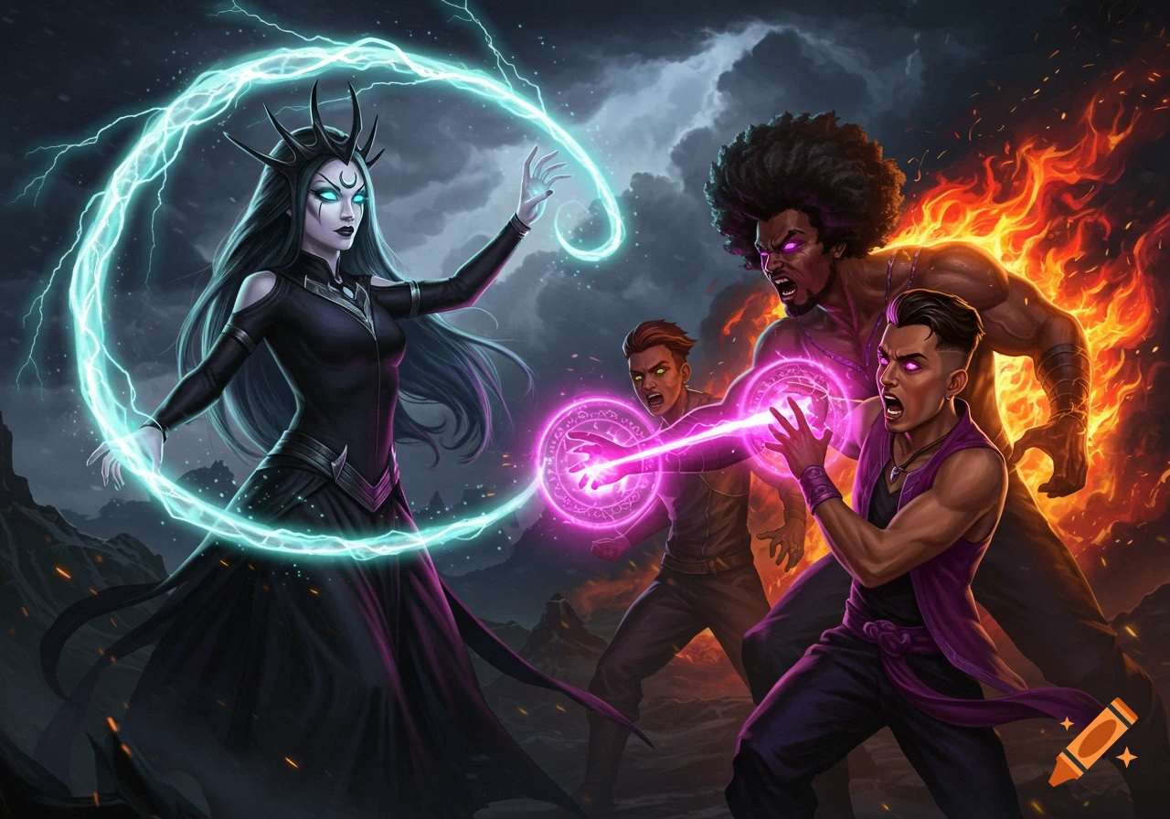 A sorceress casts cyan lightning against three mages casting pink magic and fire in a dark fantasy landscape, digital illustration.