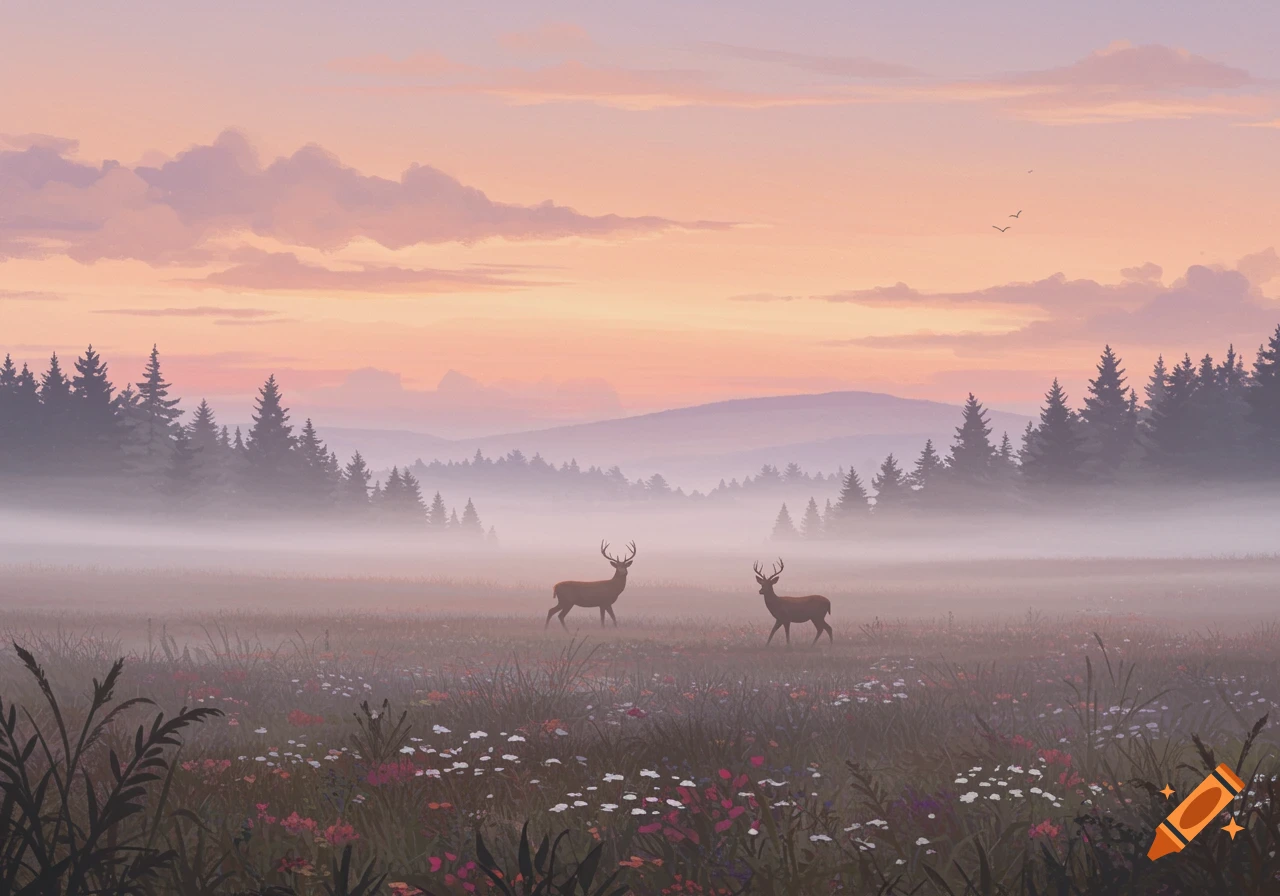 Two deer stand in a misty meadow filled with wildflowers, with a dark forest and mountains under a pink and orange sunrise sky.