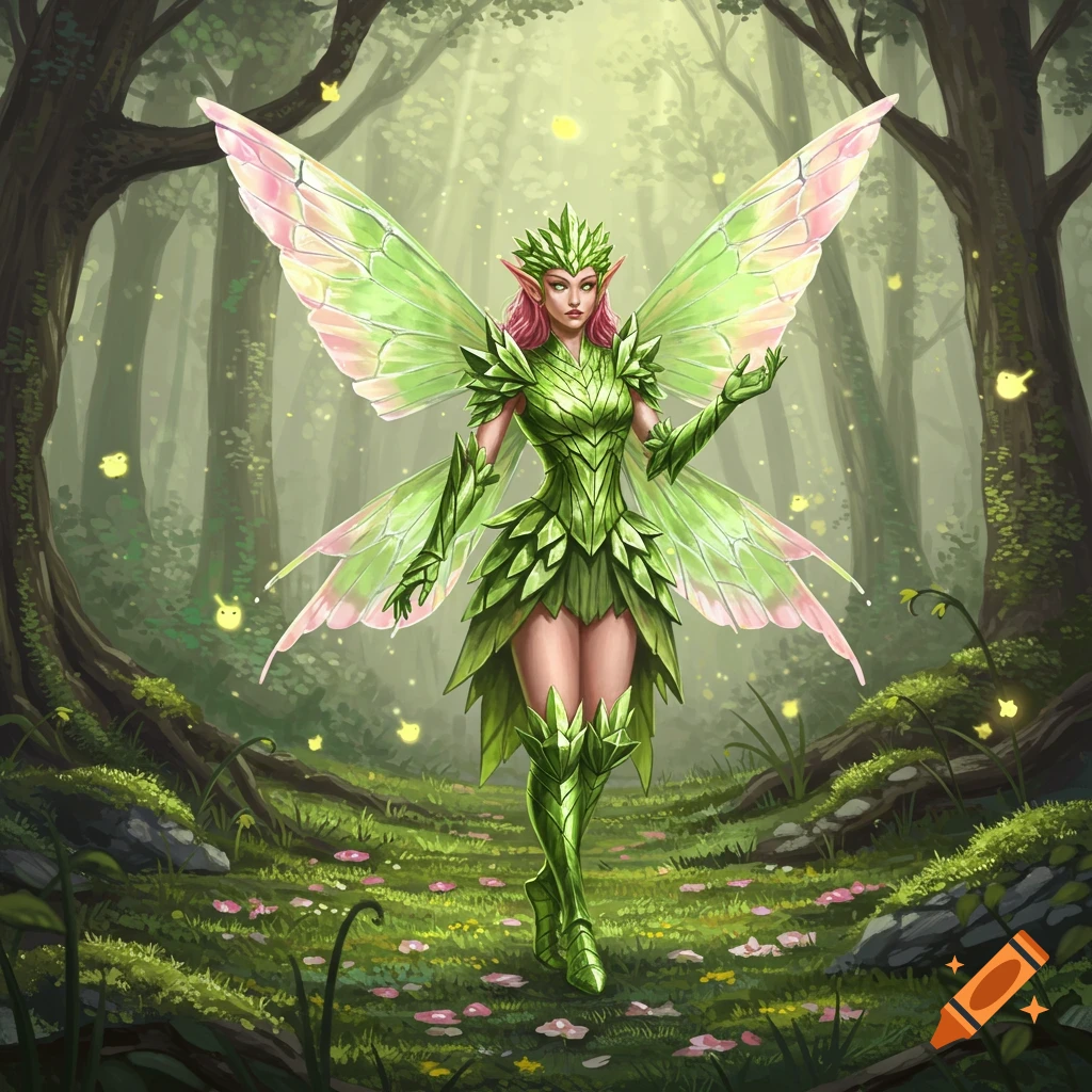 A beautiful fairy in intricate green leaf armor with pink hair and large green and pink wings stands in a magical forest with glowing lights.