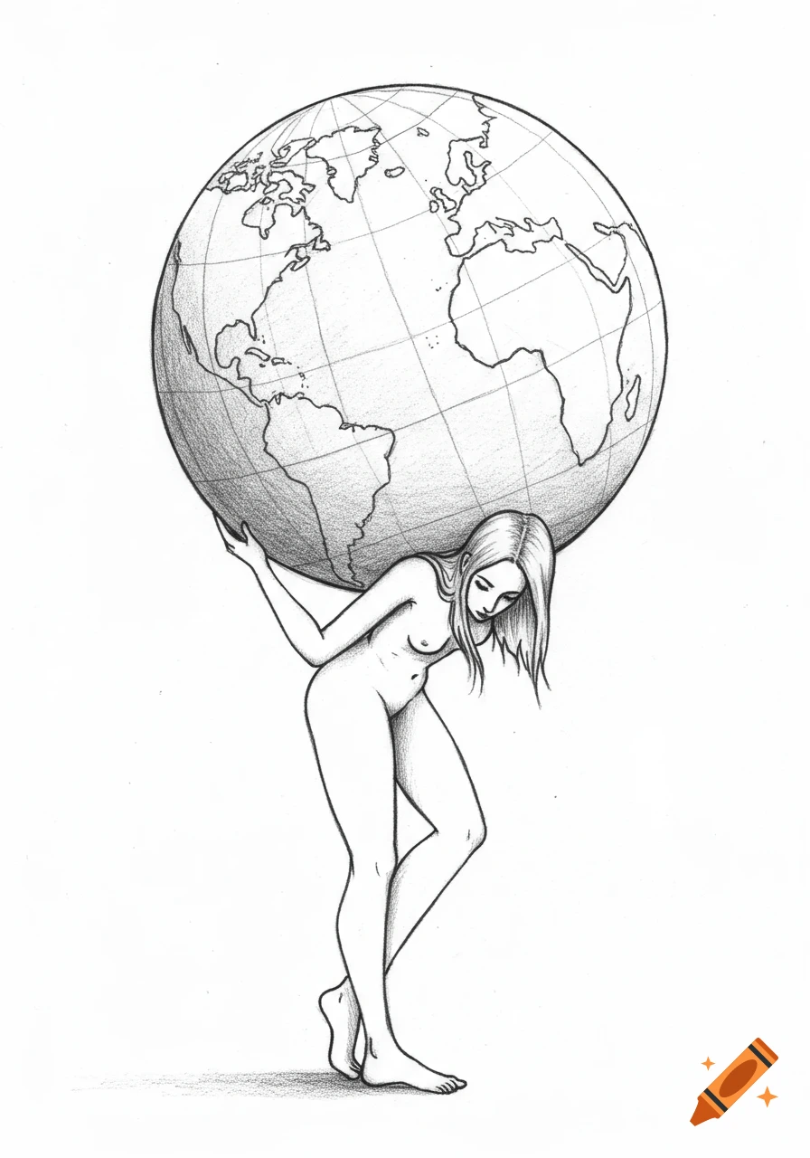 Minimalistic pencil drawing of a nude woman hunched under the weight of a large globe on her shoulders.
