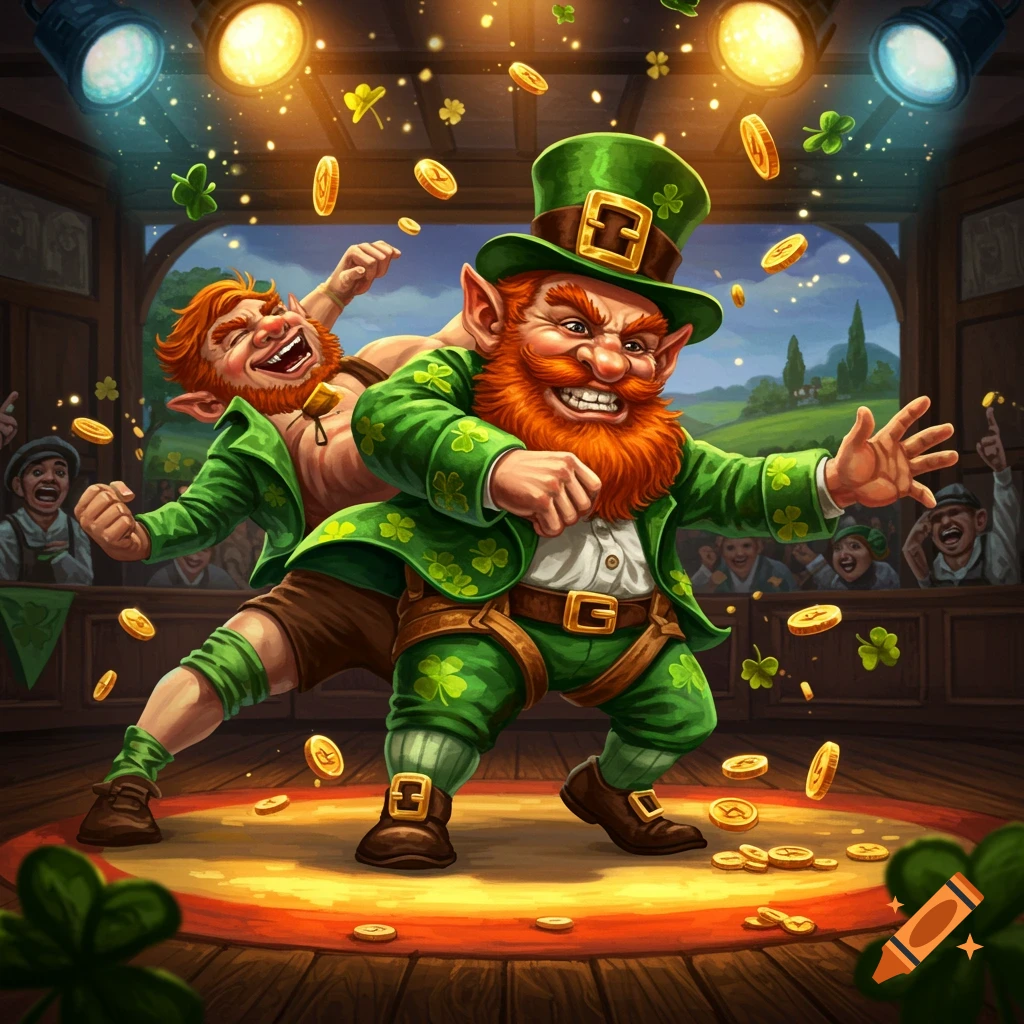 Two animated leprechauns wrestling on a stage under spotlights, surrounded by falling gold coins and shamrocks, with an audience in the background.