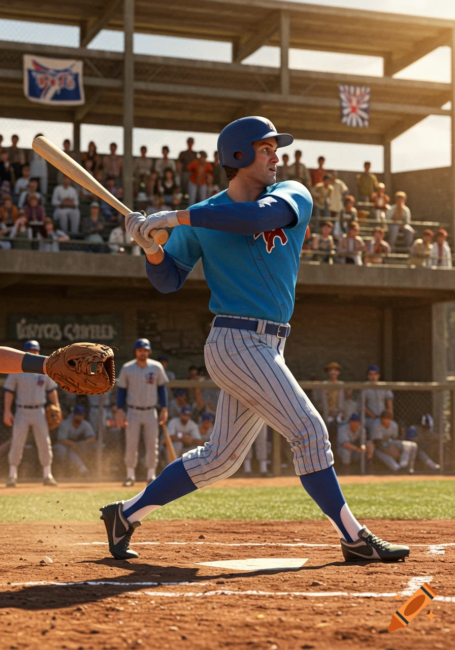 Photorealistic image of a baseball player in a blue uniform and helmet, holding a bat, on a baseball field during a game.