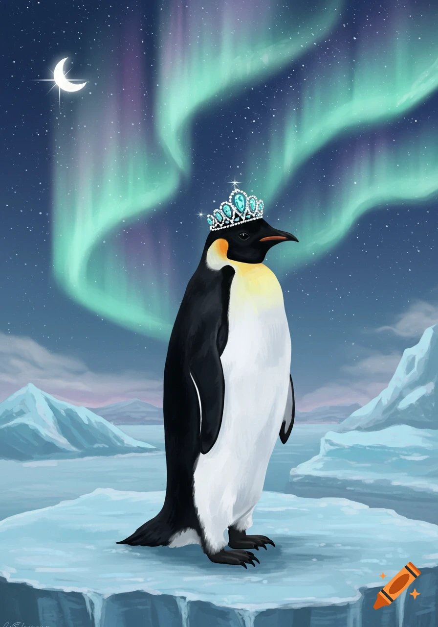 An emperor penguin wearing a sparkling tiara stands on an iceberg under a starry night sky with the aurora borealis.