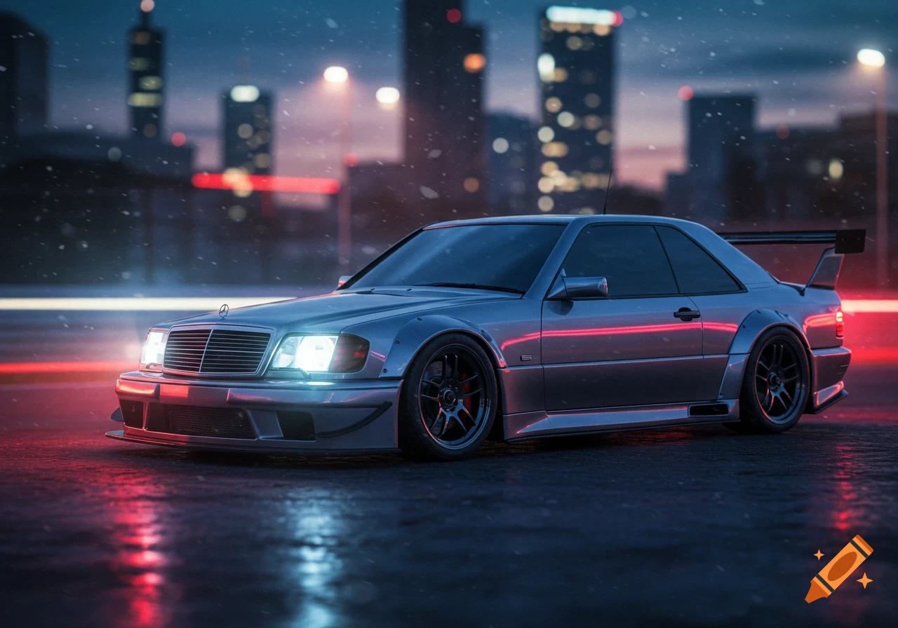 A modified silver Mercedes-Benz car parked on a wet city street at night, with red and blue neon lights reflecting and snow falling.
