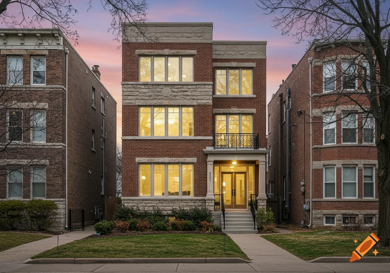 Photorealistic image of a red brick three-story house with stone details and illuminated windows at twilight.