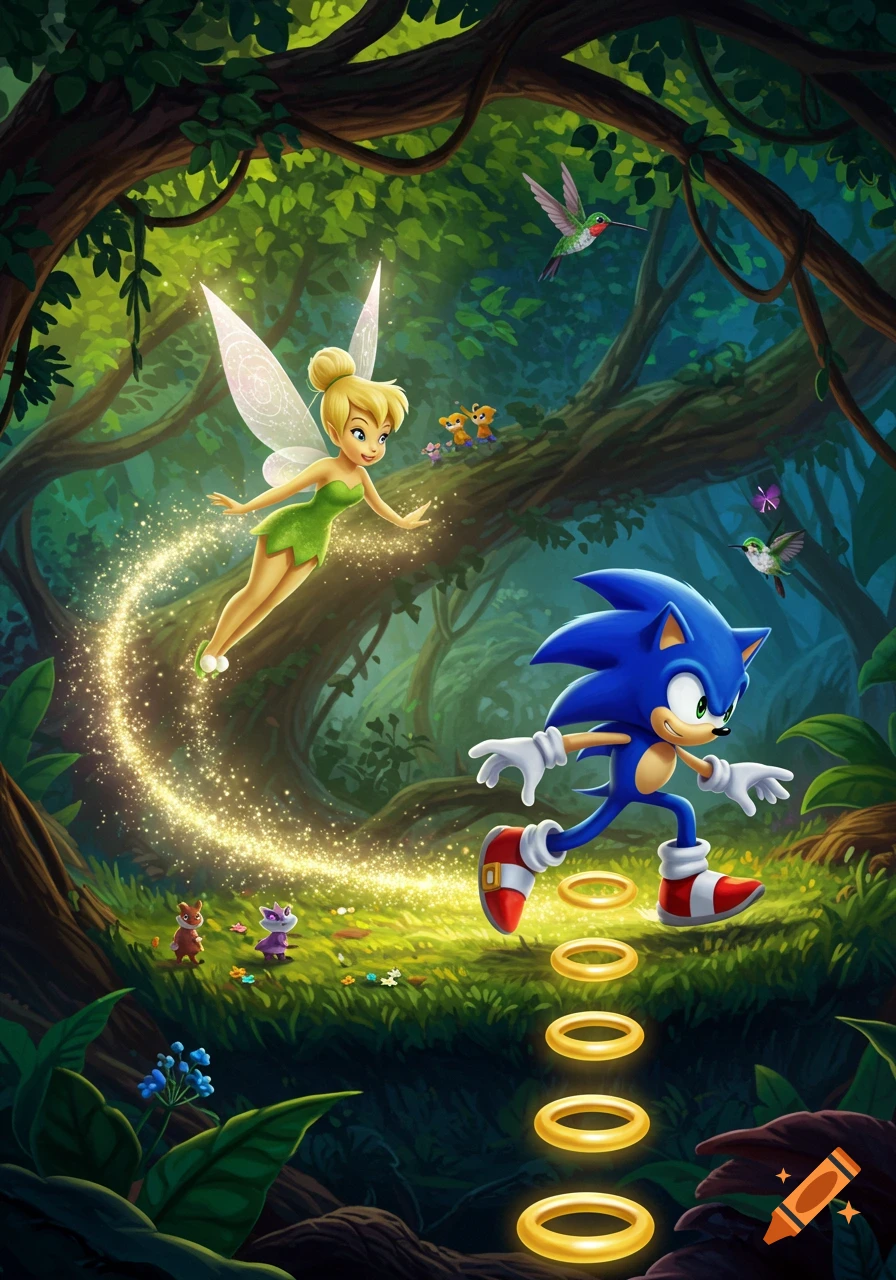 Tinkerbell flies trailing golden pixie dust as Sonic the Hedgehog runs over rings in a vibrant, lush cartoon forest.