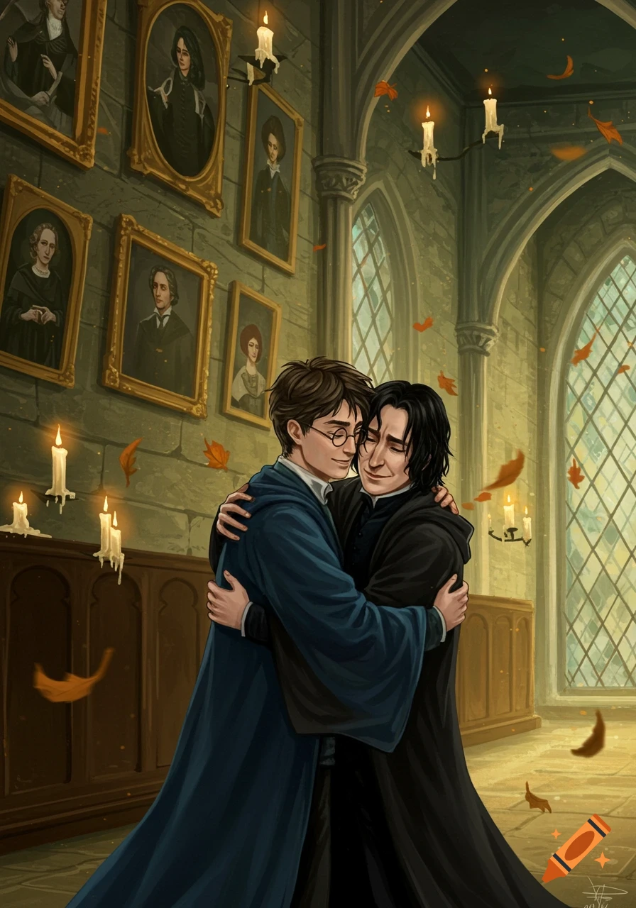 Illustrated fan art of Harry Potter and Severus Snape hugging warmly in a Hogwarts castle hall filled with portraits and candles.