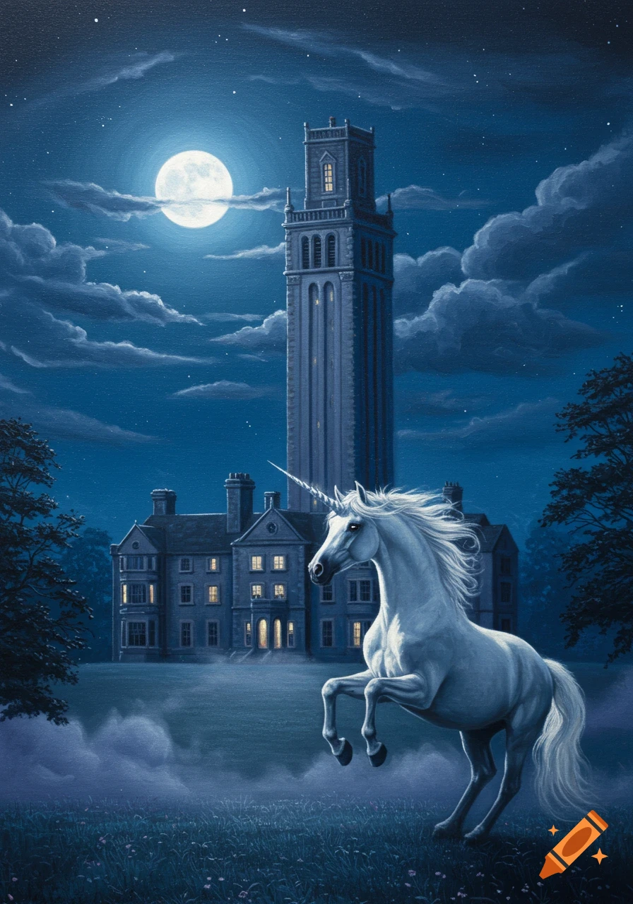 A white unicorn rears up in a grassy field in front of a grand building and tall tower under a full moon, in an oil painting style.