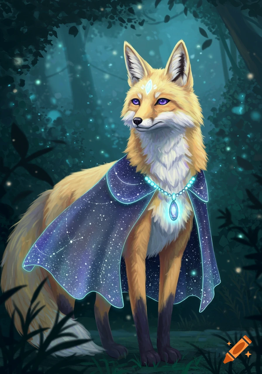 A graceful fox spirit with pale yellow fur and violet eyes, wearing a starry blue cape and glowing pendant, stands in a magical forest. Digital art.