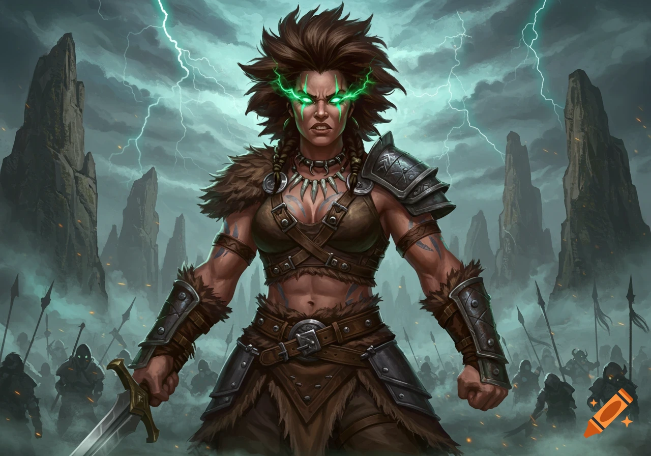 A fierce female barbarian with glowing green eyes and spiky hair holds a sword, against a stormy sky with lightning and rock formations, with shadowy figures in the background.