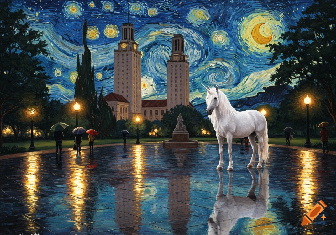 A white unicorn stands in a wet city square at night, reflecting lamplights. People with umbrellas are under a Van Gogh-style sky with a moon.