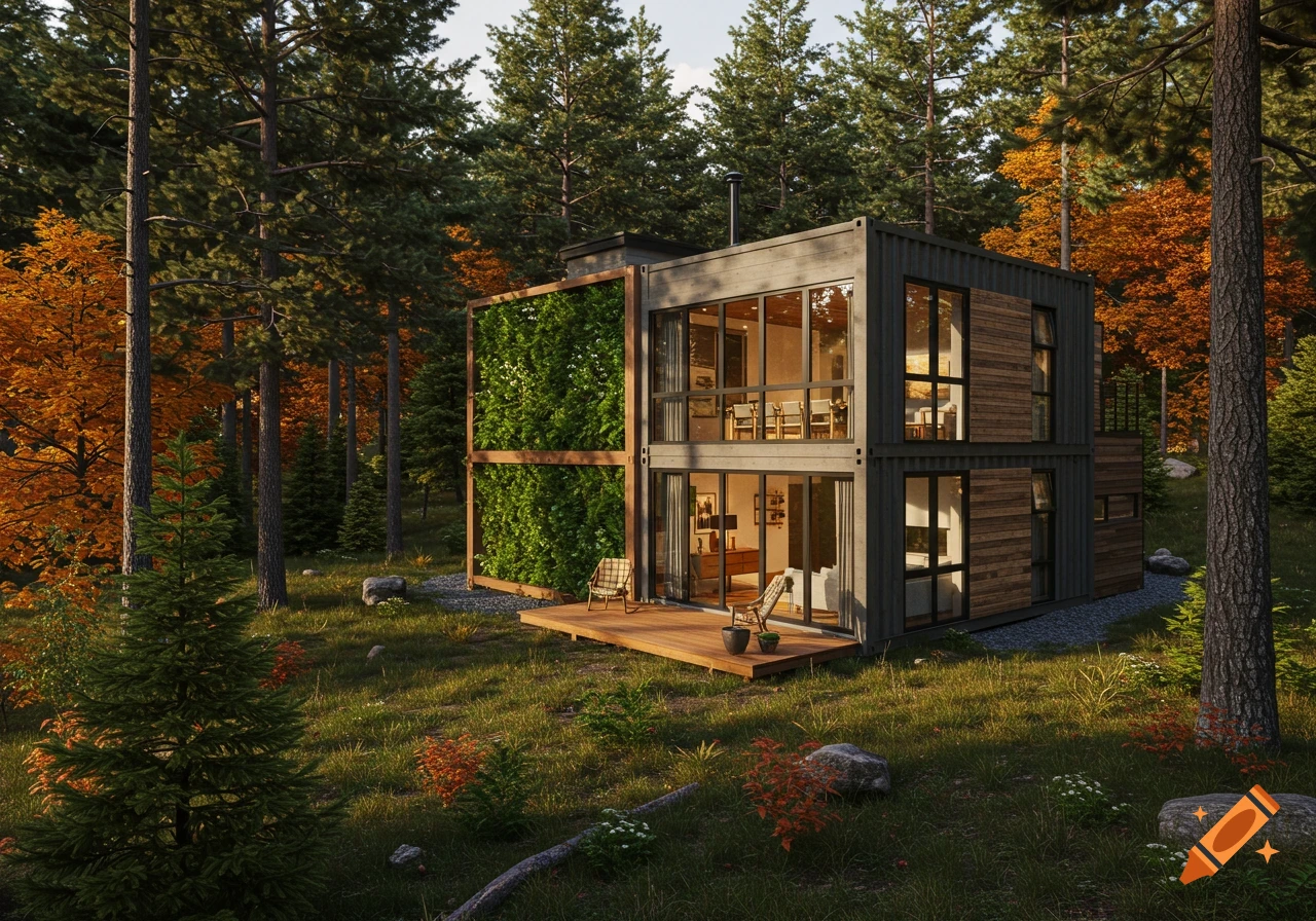 Photorealistic image of a modern shipping container house with a living green wall and large windows, surrounded by autumn trees in a forest.