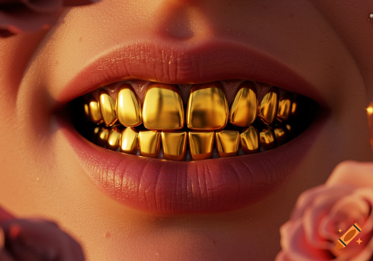 Close-up, photorealistic image of a person's mouth wide open, revealing bright, shiny gold teeth. Pink lips are visible, with soft-focus pink flowers in the background.