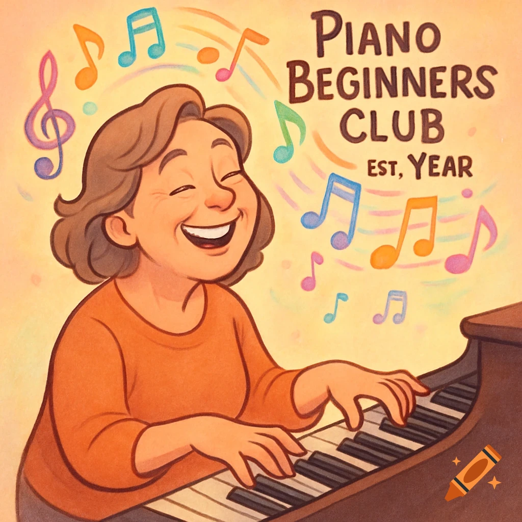A joyful, smiling woman plays the piano, surrounded by colorful music notes, in an uplifting cartoon style. Text reads 'PIANO BEGINNERS CLUB EST, YEAR'.
