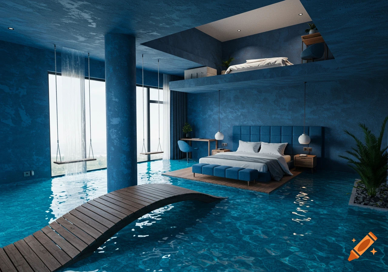 A luxurious blue bedroom with a pool as a floor, a wooden bridge to a bed, a mezzanine bed, and swings.