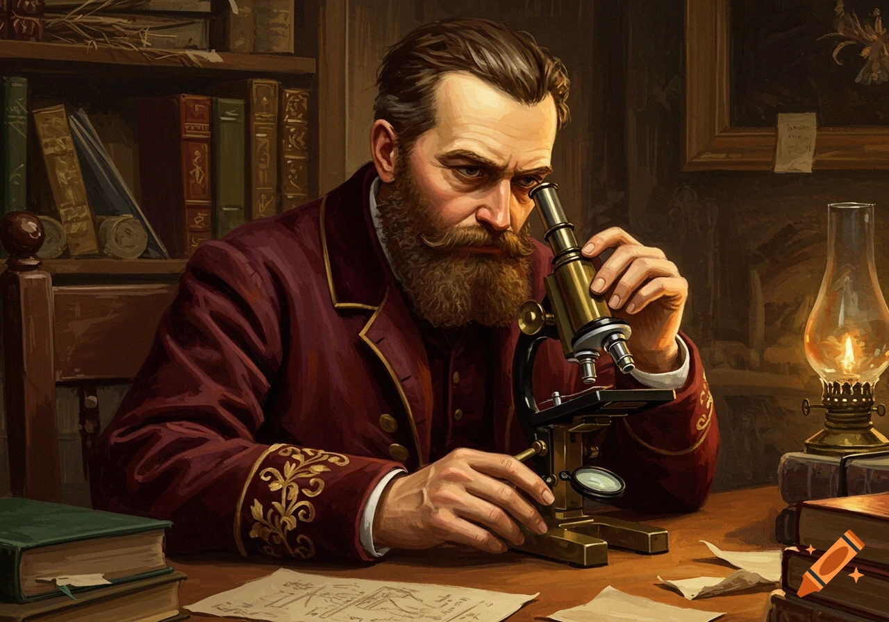 A bearded man in a burgundy coat intensely examines a sample under an antique brass microscope, surrounded by books and an oil lamp in a dimly lit study, rendered in a detailed painting style.