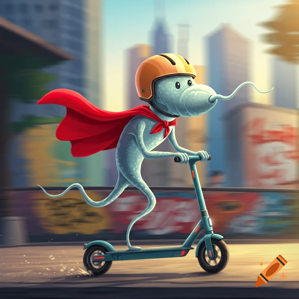 A cartoon superhero sperm with a red cape and yellow helmet rides a blue scooter down a city street.