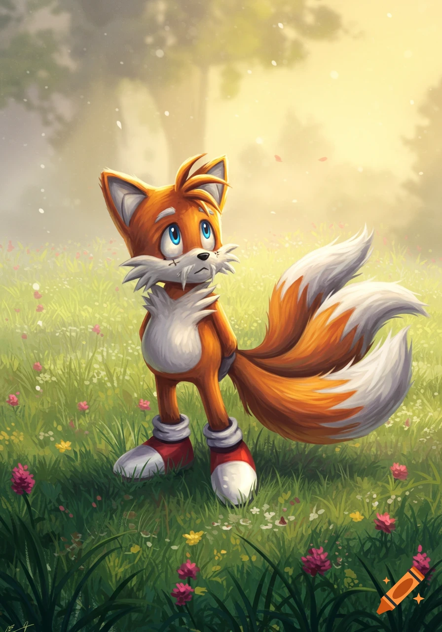 Tails from Sonic the Hedgehog stands in a vibrant green field filled with wildflowers, looking upwards into a hazy, bright sky.