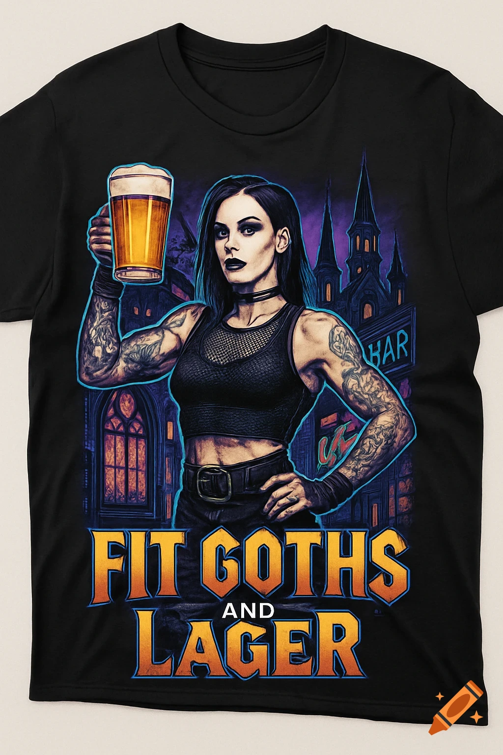 A stylized illustration on a black t-shirt of a goth woman with tattoos holding a beer, standing in front of dark, gothic buildings, with the text "FIT GOTHS AND LAGER" below her.