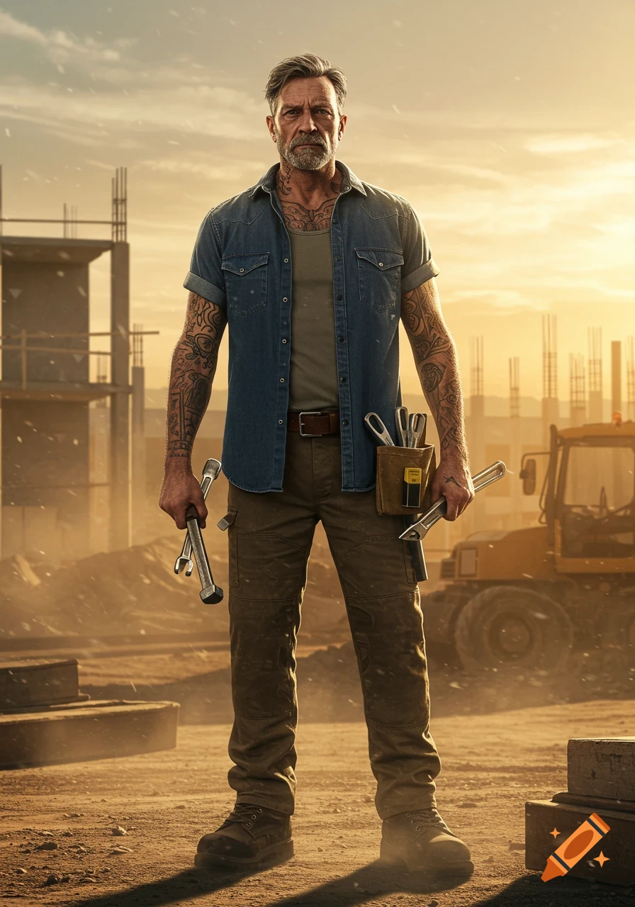 A rugged, tattooed tradesman holds wrenches at a dusty construction site with buildings and equipment in the background.
