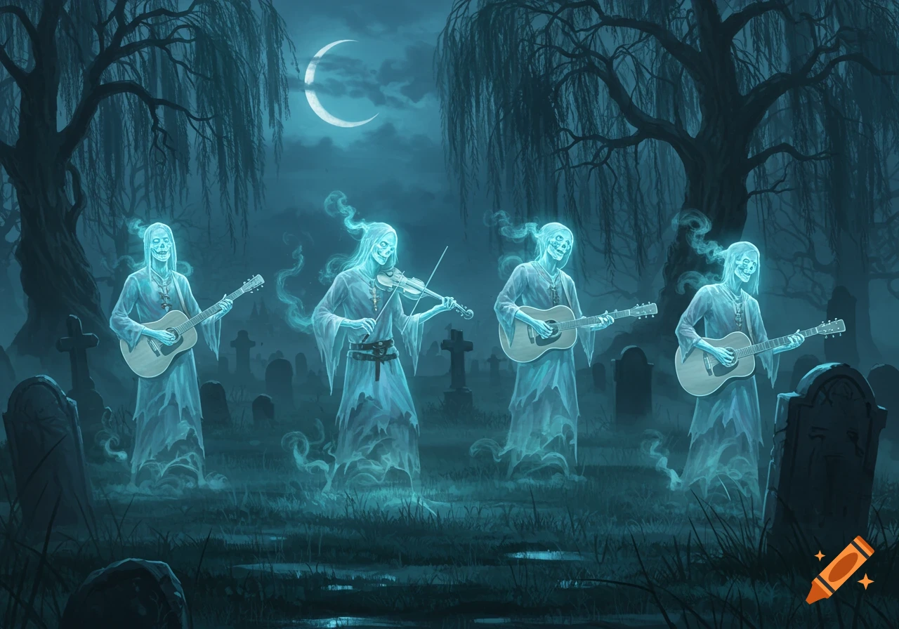 Four glowing skeletal ghosts play a violin and guitars in a spooky graveyard under a crescent moon at night.