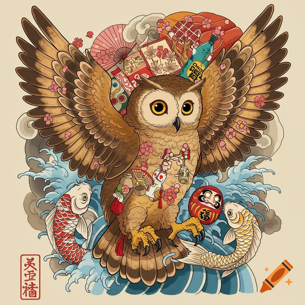 Detailed Japanese-style tattoo illustration of a brown owl with outstretched wings, surrounded by koi fish, waves, cherry blossoms, and a Daruma doll.