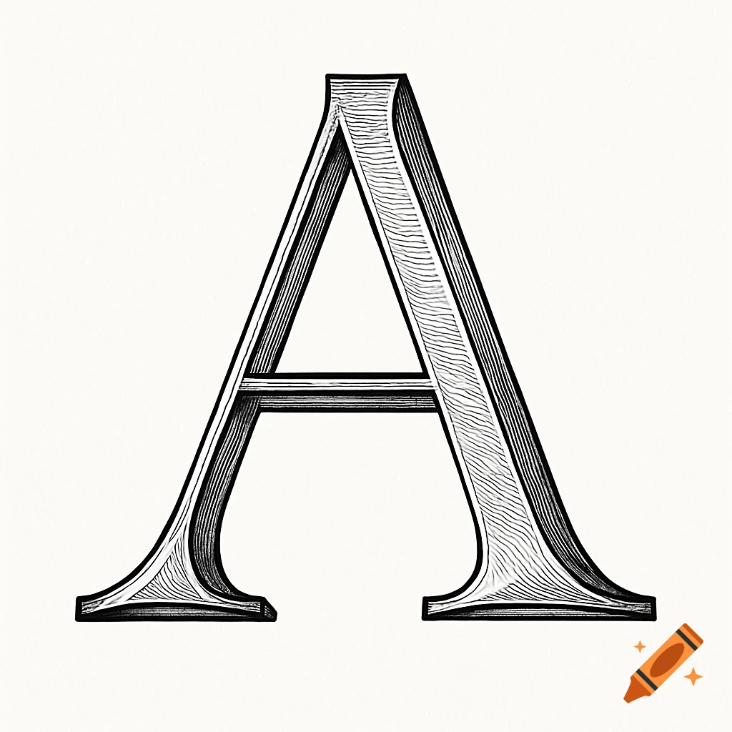 Black and white line drawing of a stylized capital letter A with internal shading.