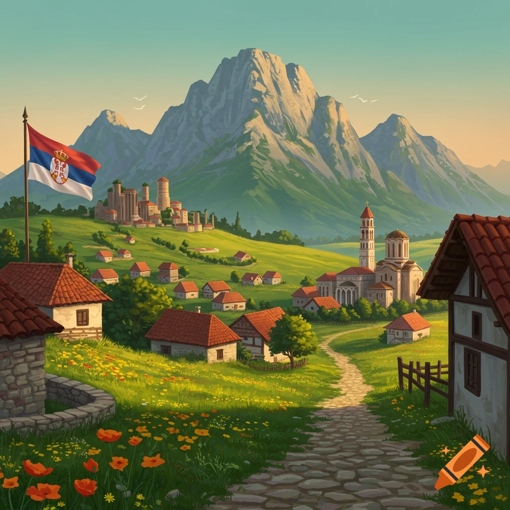 A vibrant illustration of a Serbian village in a green valley with a large mountain and a Serbian flag flying.