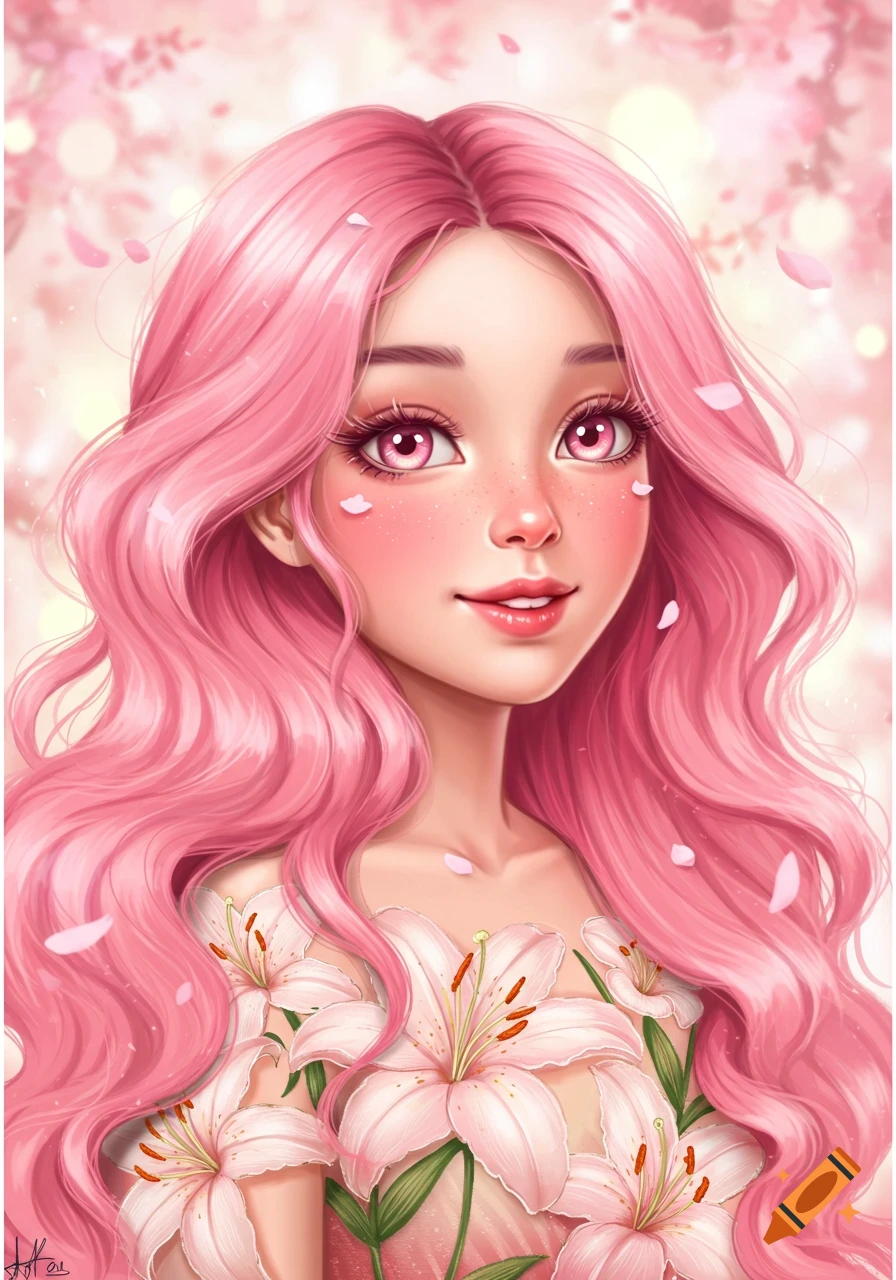 A stylized portrait of a girl with long pink wavy hair and large pink eyes, wearing a dress made of white lilies.