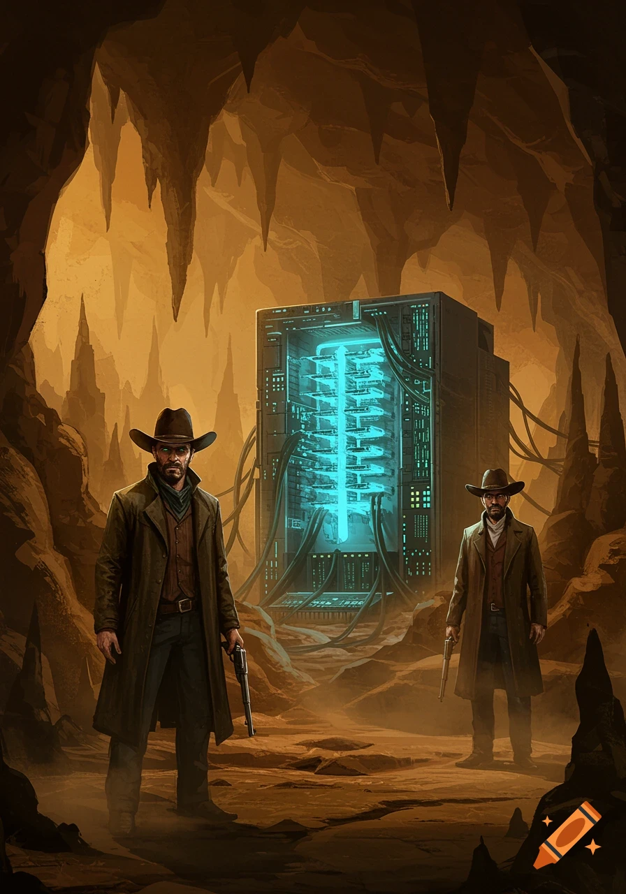 Two cowboys in duster coats and hats stand in a dusty cave with a glowing blue supercomputer.