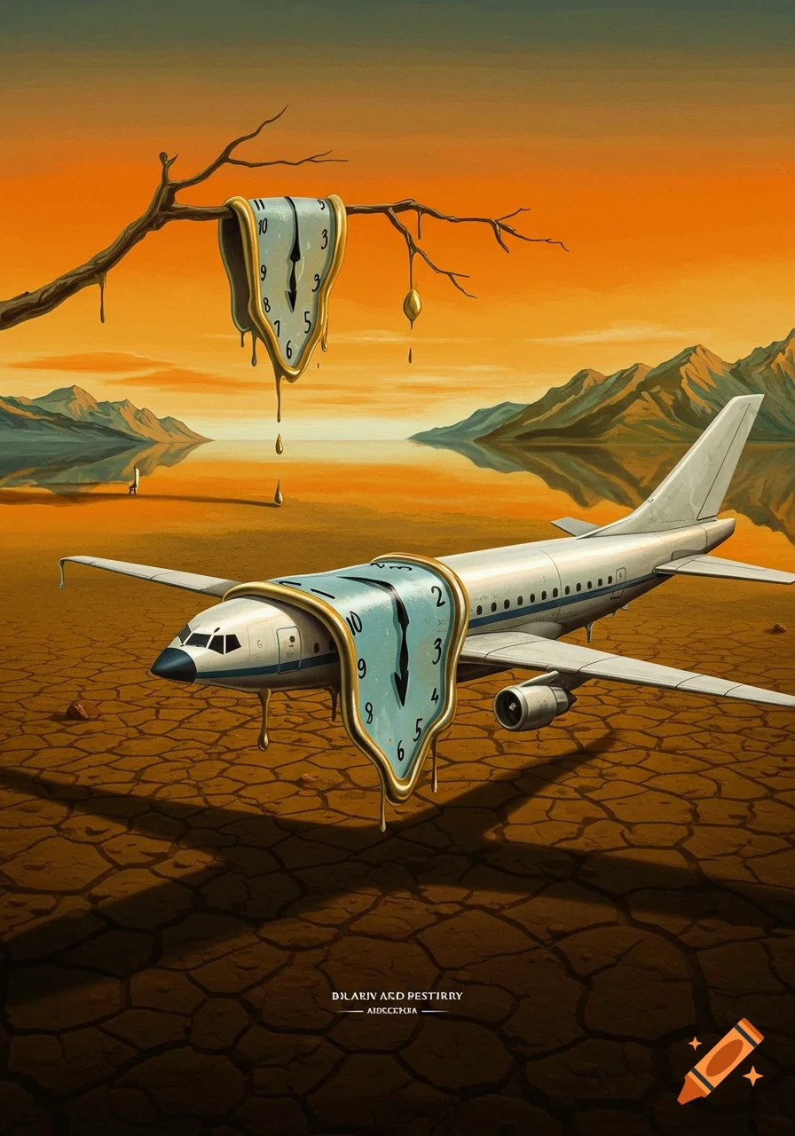 Surreal Dalí-esque painting: a melting clock drapes a white airplane on cracked earth, under an orange sky.