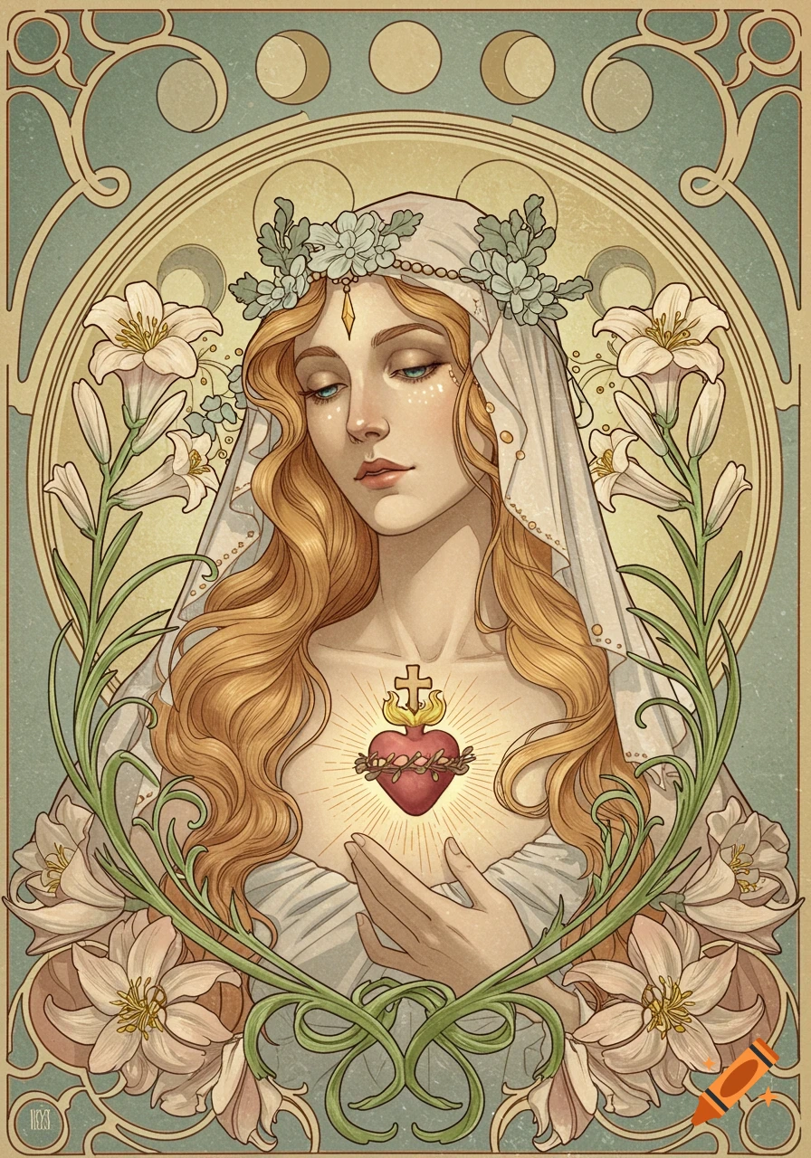 Art Nouveau illustration of a serene veiled woman with long flowing hair, a sacred heart on her chest, surrounded by lilies and crescent moons.