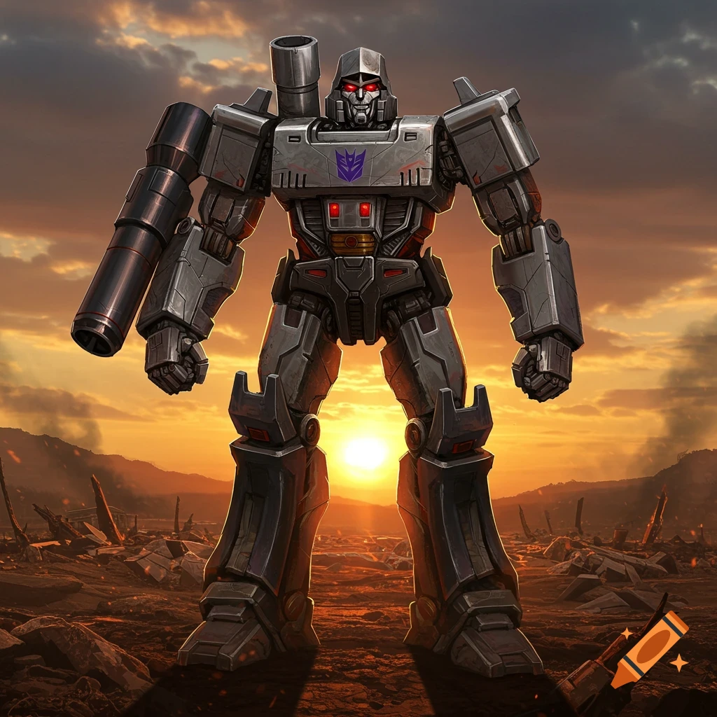 Large gray robot Megatron stands powerfully in a desolate, war-torn landscape under a dramatic sunset.