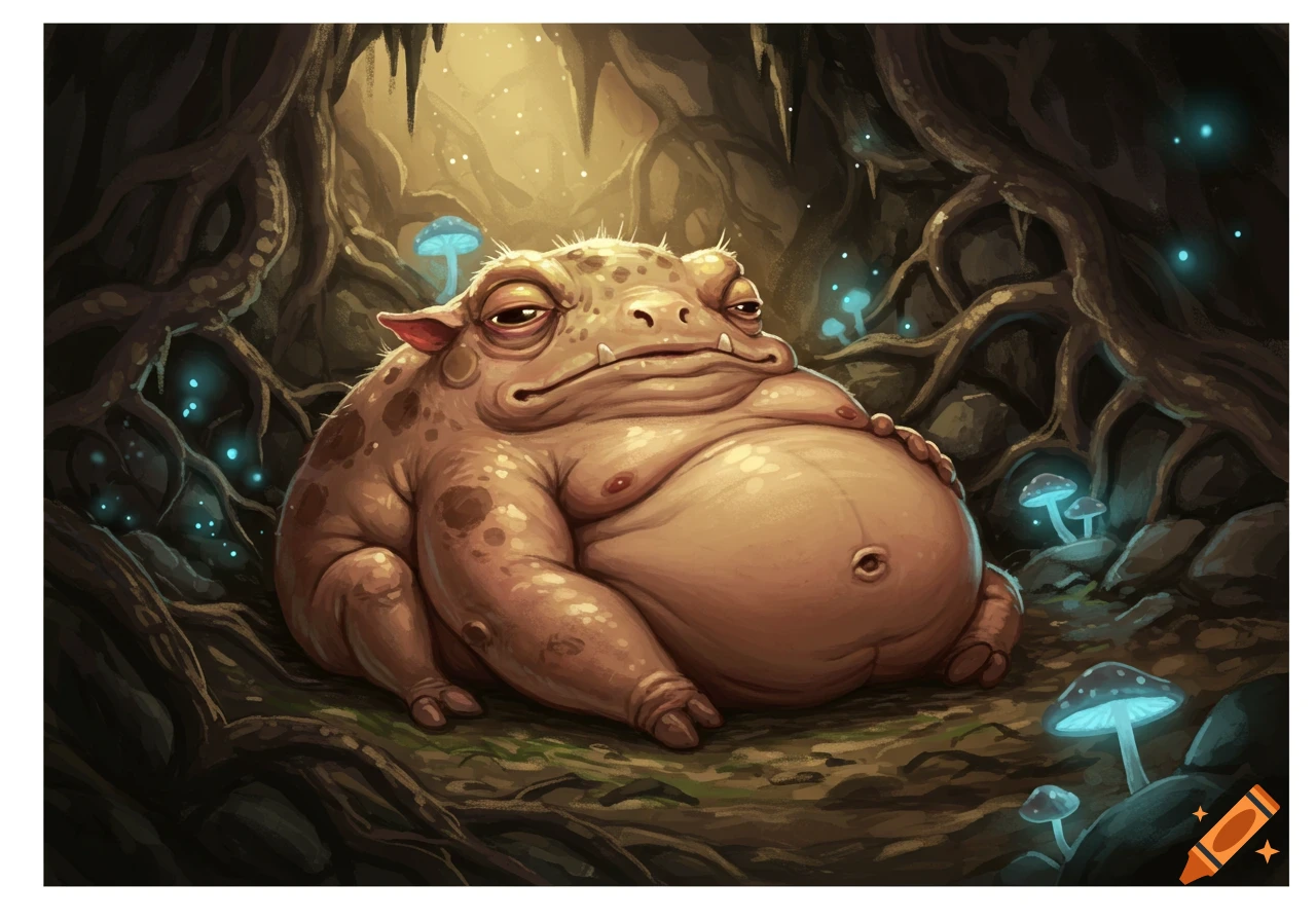 An obese, sleepy, brown fantasy creature with pig-like features sits in a dark cave illuminated by glowing blue mushrooms.