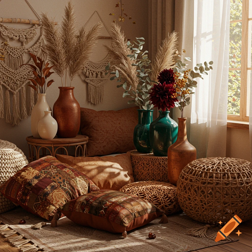 A cozy bohemian room filled with an array of decorative pillows, textured baskets, macrame wall hangings, and vases of dried flowers and foliage, bathed in warm sunlight.
