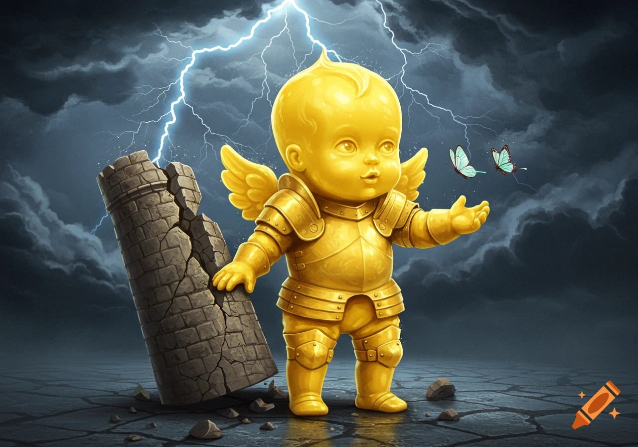An illustrated golden baby in medieval armor with wings holds a cracked tower as lightning strikes above, with two butterflies fluttering nearby.