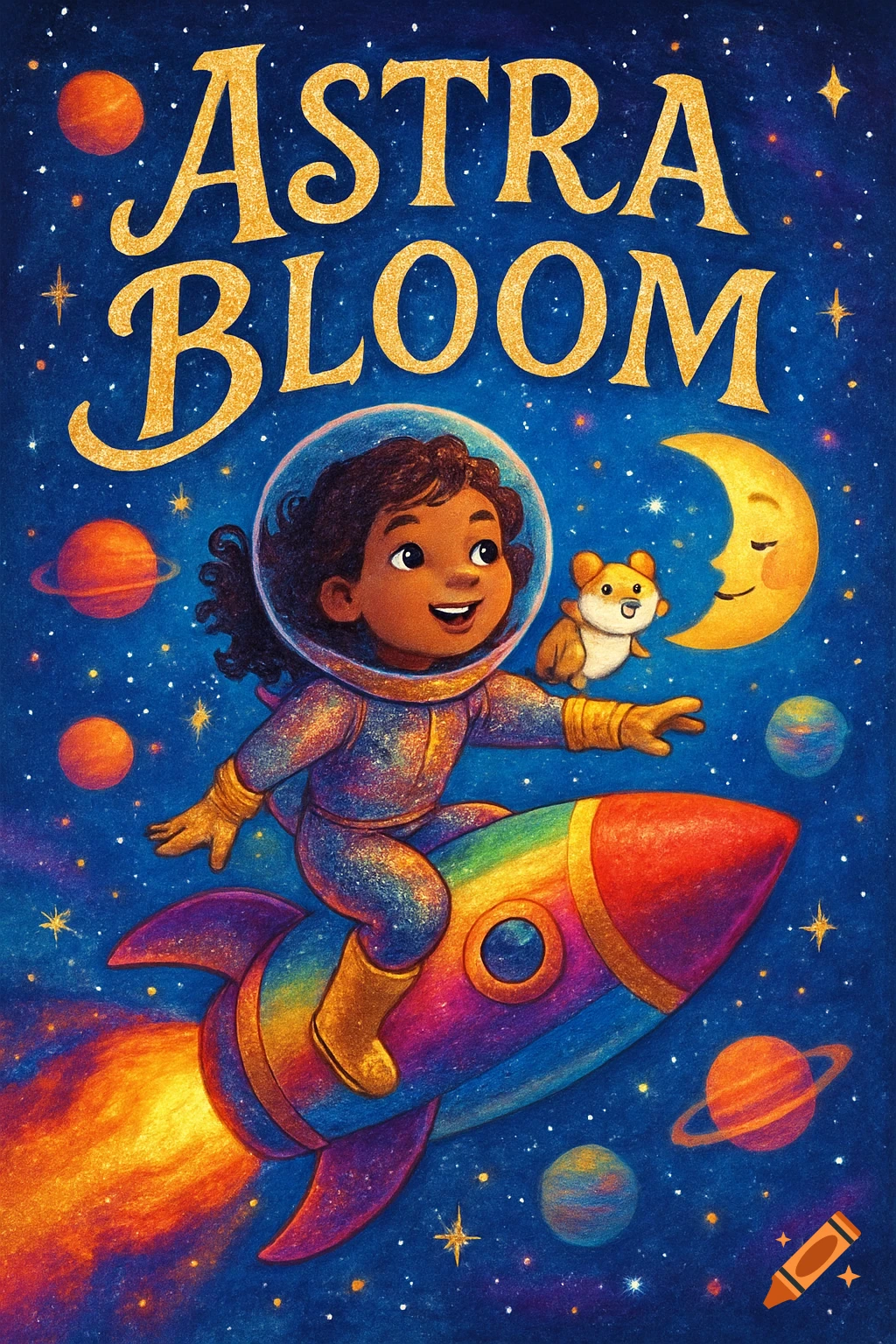A colorful book cover with a girl astronaut flying on a rainbow rocket through space with planets, stars, and a smiling moon.