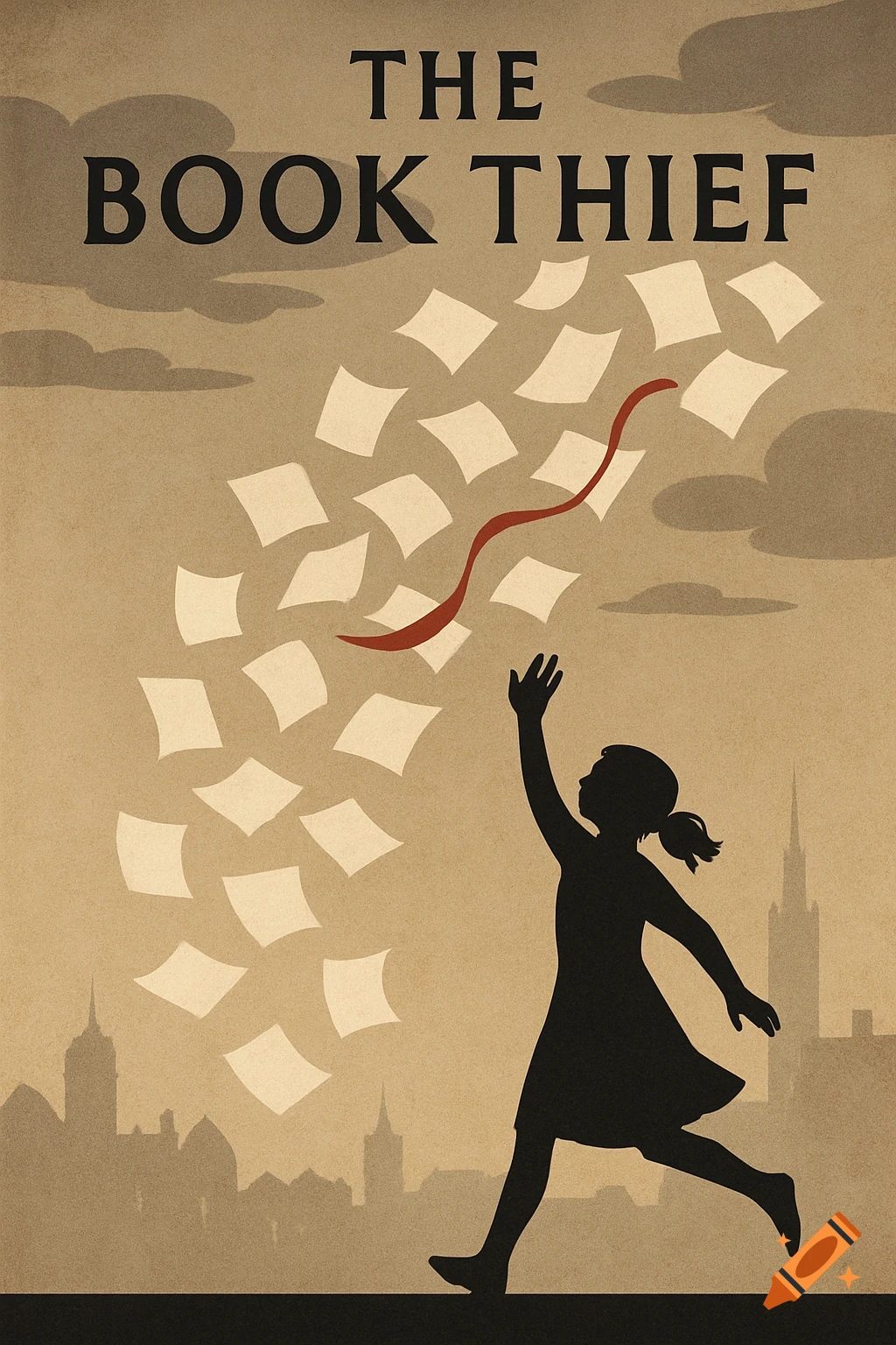 A stylized book cover with a silhouette of a child running, reaching up as white papers and a red ribbon fly upwards against a tan sky with clouds and a city skyline.