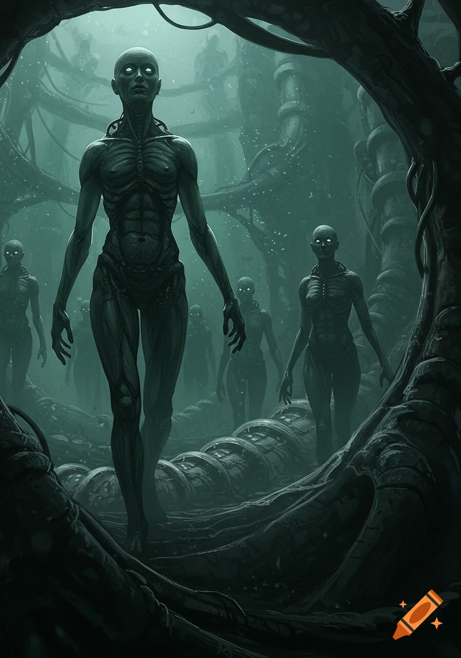 Dark, eerie biomechanical landscape with glowing-eyed, skeletal humanoids in a Giger-esque style.