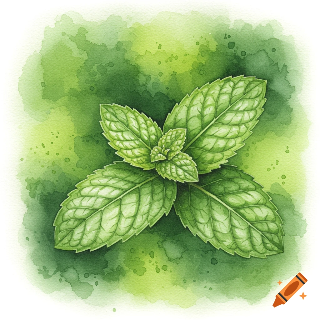 A top-down watercolor painting of vibrant green mint leaves against a mottled green background.