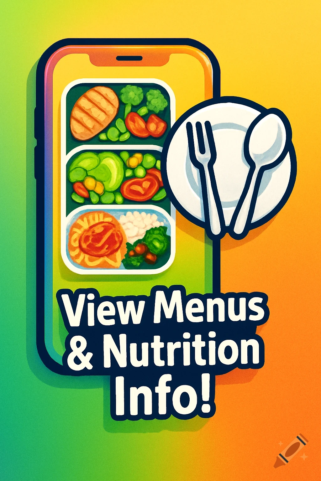 Cartoon illustration of a smartphone displaying various food meals and text 'View Menus & Nutrition Info!', with a plate and cutlery beside it.